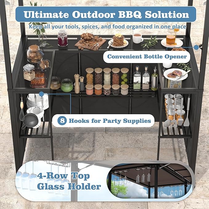 Outdoor Grill Gazebo with Patio Bar Set, Double-Tier BBQ Shelter with Side Awning, Complete Set Includes 2 Foldable Stools, U-Shaped Storage, Glass Holders & Hooks for Yard, Poolside, Garden