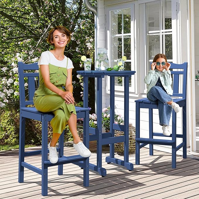 nalone Outdoor Bar Chairs and Table Set, HDPE Balcony Adirondack Chairs and Tables 3 Pieces Set, Outdoor Bar Stools for Garden, Yard, Backyard(Navy Blue, Bar Chairs with Table)