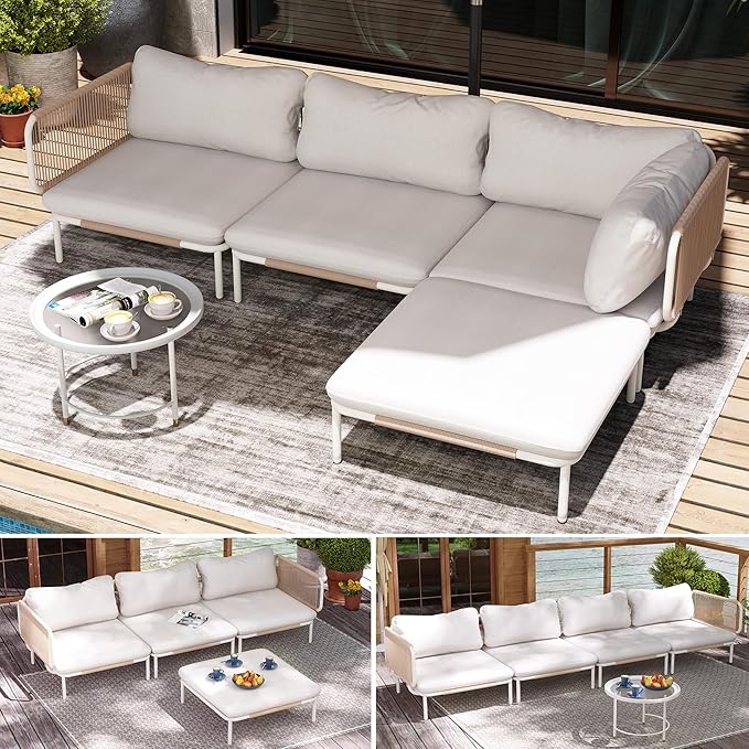 4 Piece Modern Outdoor Sectional Sofa, 31" Oversized Patio Furniture Set with Olefin Woven Rope, Weather-Resistant Metal Frame and Removable Cushion, Beige
