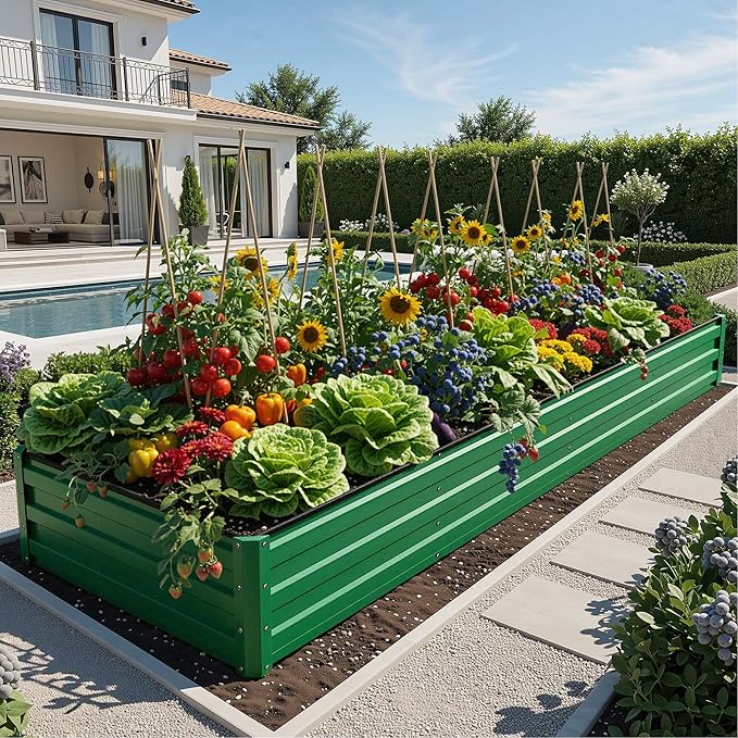 YITAHOME 4pcs 12x4x1 ft Galvanized Raised Garden Bed Kit, Large Metal Planter Box with Gloves, Safety Rubber & Support Rod, Outdoor Flower Bed for Plants Vegetables, Green