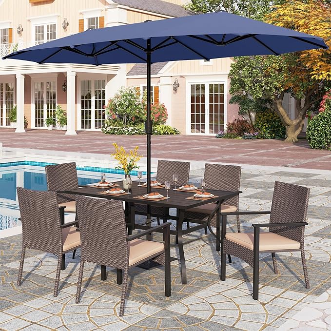 PHI VILLA 7 Pieces Patio Dining Set with Umbrella for 6, 60” Large Metal Iron Dining Table & Cushioned Rattan Wicker Chairs & 13ft Navy Blue Umbrella for Patio, Deck, Yard, Porch