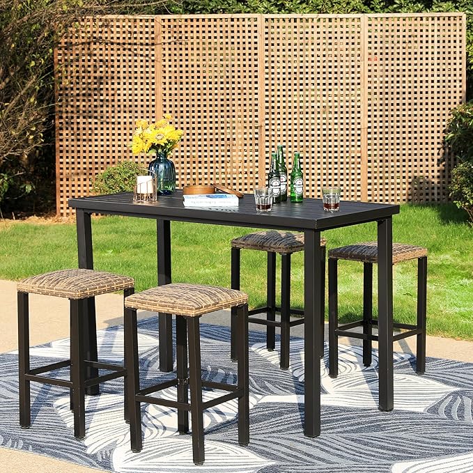PHI VILLA 5 Piece Patio Bar Set, Black Wood Grain Metal Bar Table & 4 Wicker High Bar Stools, Bar Height Outdoor Dining Set for Porch, Yard, Deck, Poolside