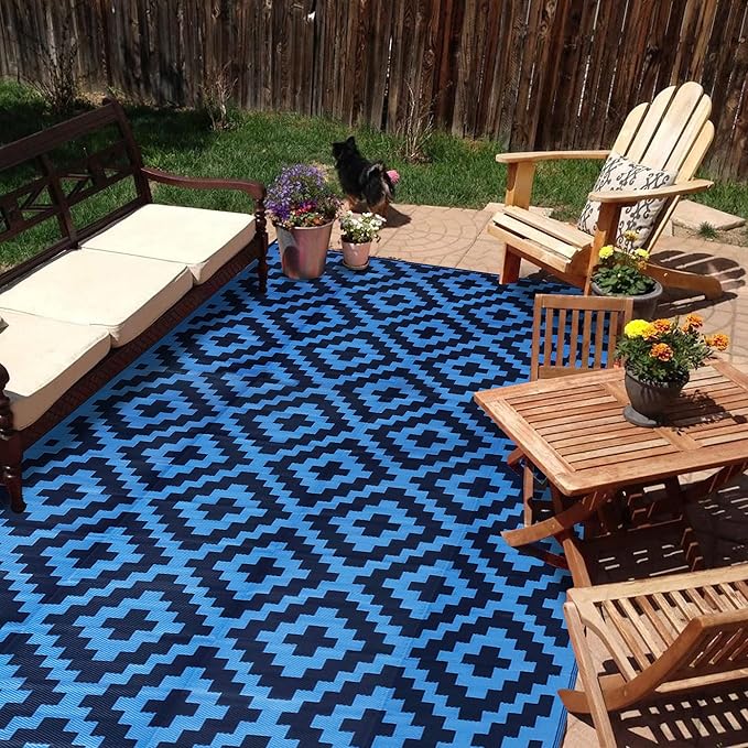 SAND MINE Waterproof Outdoor Rug 9x18 ft, Plastic Reversible Rug, Modern Area Rug, Large Floor Mat for Outdoors, RV, Patio, Backyard, Deck, Picnic, Beach, Camping, Blue