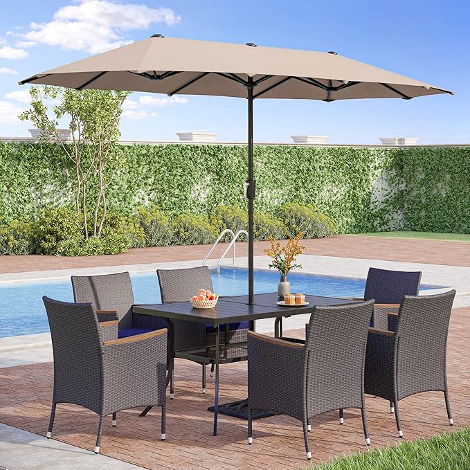 PHI VILLA 7 Piece Outdoor Dining Set for 6, 60” Rectangular Metal Steel Dining Table with Umbrella Hole & Rattan Wicker Chairs with Blue Cushions for Patio, Deck, Yard, Porch