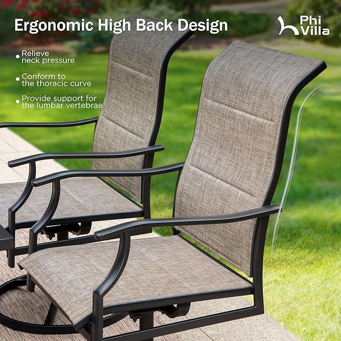 PHI VILLA 7 PCS Patio Dining Set, Outdoor Table & Chairs Set with Large Metal Table & 6 High Back Padded Outdoor Swivel Armerest Chairs, Patio Dining Furniture Set for Patio, Lawn, Garden, Porch