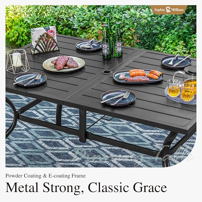 Sophia and William Patio Dining Set for 6, Outdoor Table and Chairs, Removable Seat Cushions, 60" Black Patio Dining Table,Blue