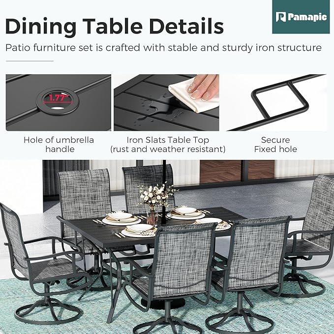 7-Piece Outdoor Dining Set, Patio Furniture Set with Textilene Swivel Chairs, Outdoor Table & 6 Chairs for Garden, Backyard, Poolside, Deck, Charcoal
