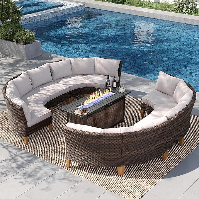PHI VILLA 7-Piece Half Moon Patio Furniture Set with 56" Fire Pit Table, Outdoor Wicker Sectional Sofa with Thick Beige Cushions, Large Curved Conversation Seating for Garden or Backyard