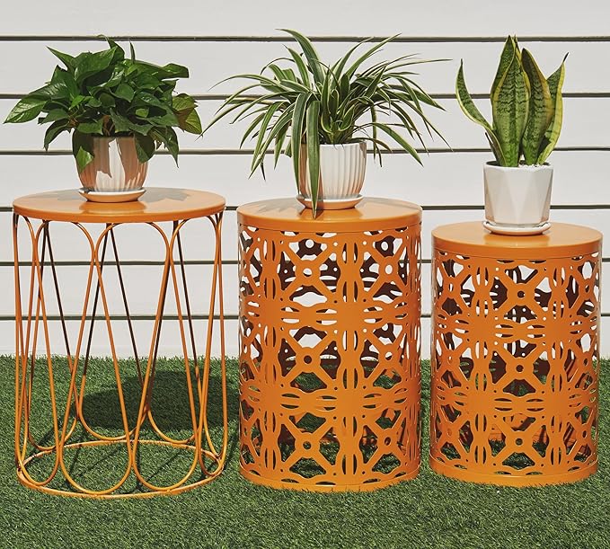 HFHOME Set of 3 Metal Outdoor Side Table, Nesting Round Coffee Table for Indoor Outdoor, Heavy Duty End Tables Plant Stand Living Room Garden Stool - Orange