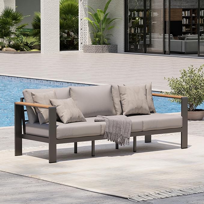 Aluminum Outdoor Patio Furniture, 3 Seats All-Weather Outdoor Patio Sofa with Washable Thick Cushion, Patio Sofa Couch for Porch, Balcony, Deck, Yard, Gray
