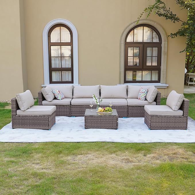 7 Piece Outdoor Patio Furniture Sets, Brown Patio Sectional Furniture All-Weather PE Rattan Sectional Sofa, Outdoor Wicker Conversatin Set w Glass Coffee Table for Backyard, Garden, Porch