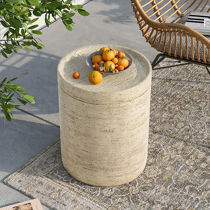 SUNBURY Set of 2 Outdoor Side Tables for Patio, Concrete Accent End Table, Round Modern Coffee Ceramic Side Garden Stool Log