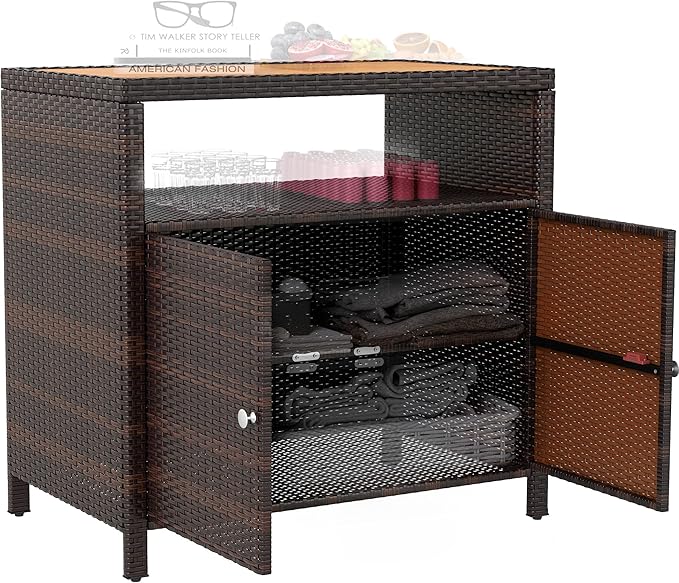 Outsunny Wicker Outdoor Storage Cabinet, Rattan Outdoor Bar Table with Acacia Wood Countertop, 2 Doors and Shelf, Buffet Cabinet Sideboard for Poolside, Garden, Patio, Backyard, Brown