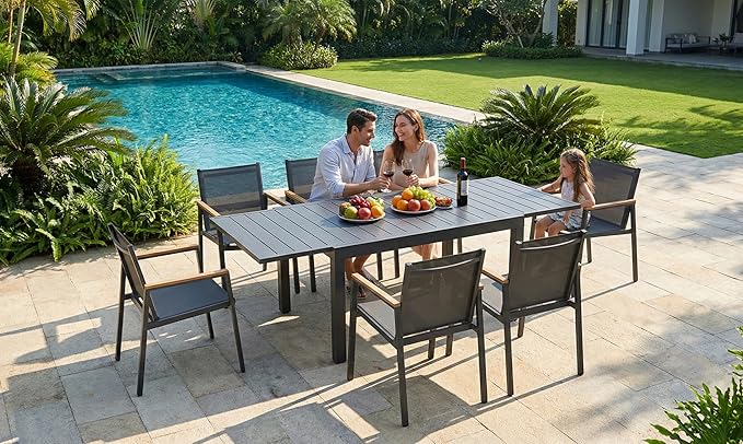 Expandable Outdoor Patio Dining Table Set for 6-8 Person, Aluminum Outdoor Table and 4 Chairs with Textilene Fabric & HDPS Armrest, All-Weather Patio Furniture Set for Yard, Garden, Gray