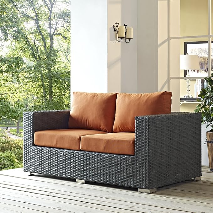 Modway Sojourn Wicker Rattan Outdoor Patio Sunbrella Fabric Loveseat in Canvas Tuscan