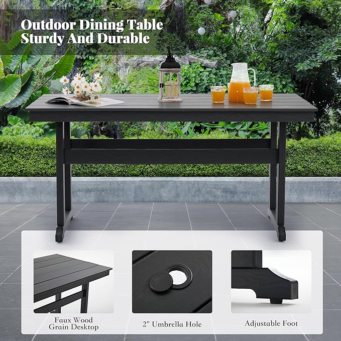 HDPE Dining Table Set for 6,7-Piece Outdoor Table and Chairs Include 6 Dining Chairs and 62.5" Patio Dining Table with Umbrella Hole (Black)