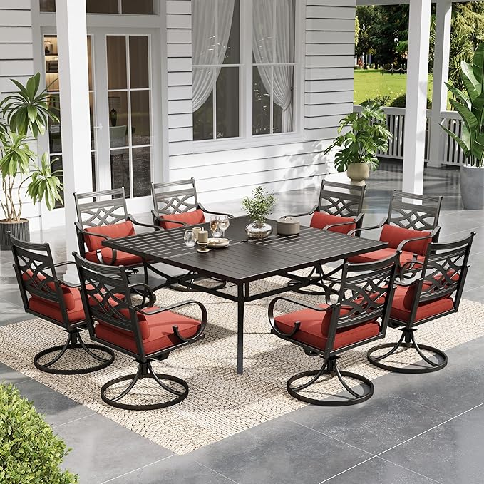 Sophia and William Swivel Outdoor Patio Dining Set for 8, Outdoor Table and Chairs, Removable Seat Cushions, Black 37" Patio Dining Table,Red