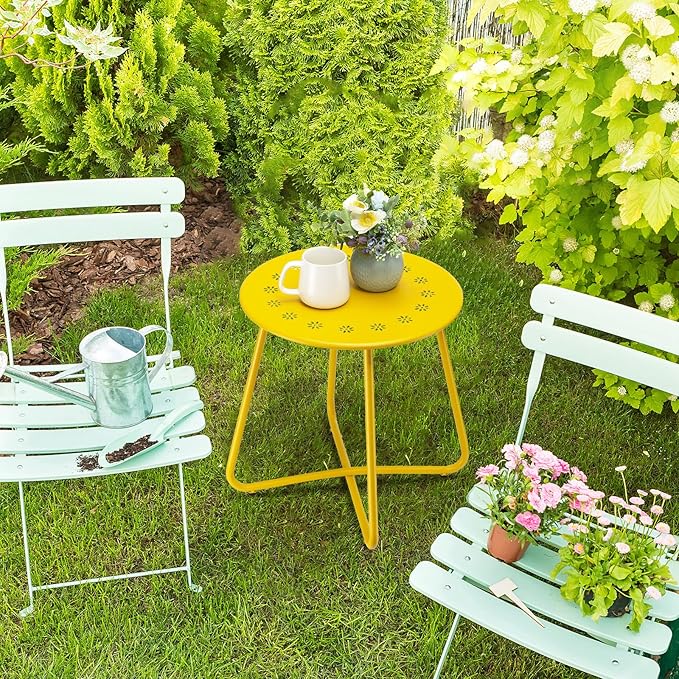 danpinera Outdoor Side Tables with Flower Cut Outs, Weather Resistant Steel Patio Side Table, Small Round Outdoor End Table Metal Side Table for Patio Yard Balcony Garden Yellow