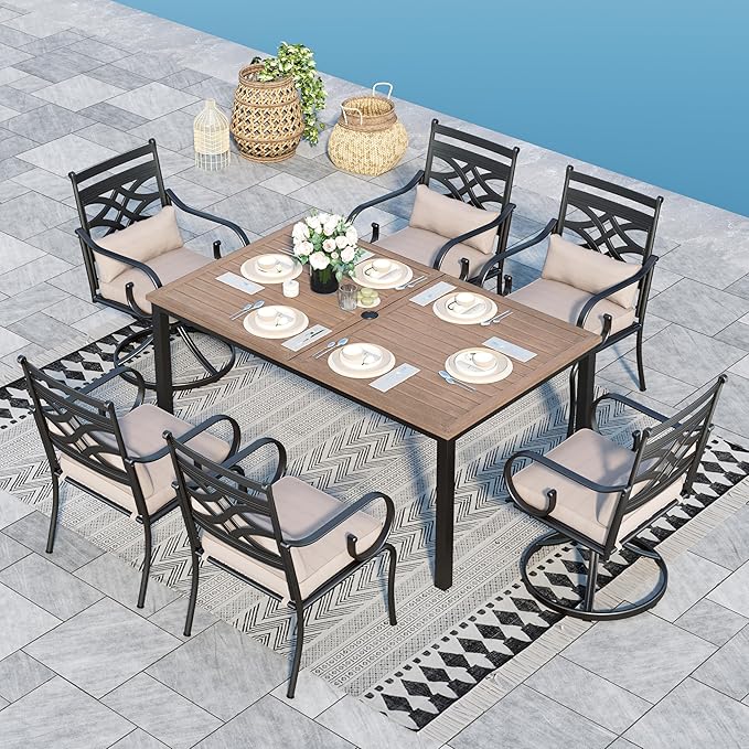Sophia & William Outdoor Patio Dining Set for 6 | Outdoor Table and Chairs | Removable Seat Cushions | 4 Fixed Chairs | 2 Swivel Patio Dining Chairs | 64" Metal Tabletop with Wood Texture