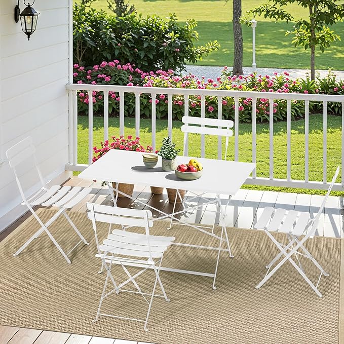 MELLCOM 5-Piece Foldable Patio Dining Set with Rectangular Table and Chairs, Weather-Resistant Iron Outdoor Dining Set for 4 People, Outdoor Table and Chairs for Patio, Yard, Indoor, White