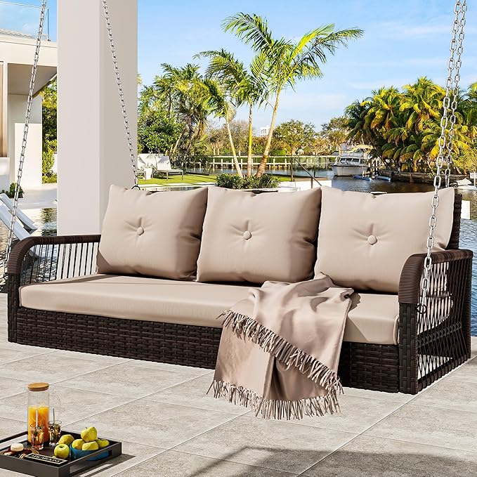 YITAHOME 3-Seats Front Porch Swing with Cushion Hanging Wicker Swing Rattan Patio Swing Lounge Swing Chair Hammock for Garden, Balcony, Deck