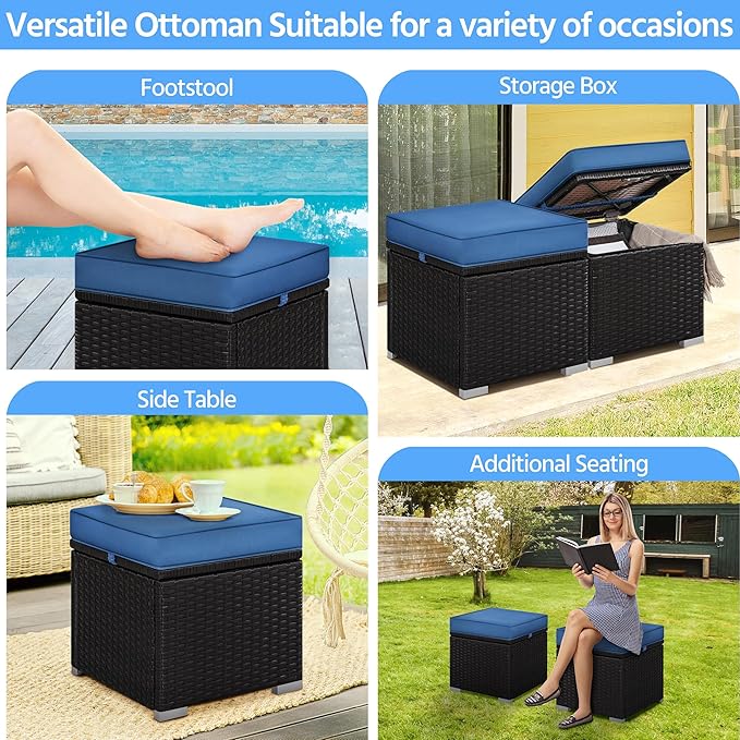 Yaheetech Wicker Ottomans, Set of 2 Patio PE Rattan Side Tables with Hidden Storage & Removable Cushion, Outdoor/Indoor Footstools, Additional Seating for Garden/Balcony/Yard, Brown/Dark Blue