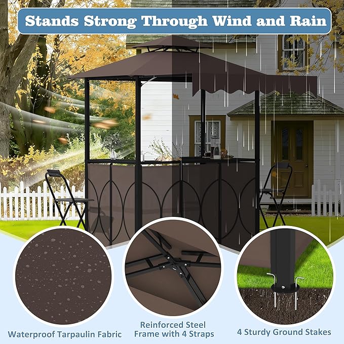Outdoor Grill Gazebo with Patio Bar Set, Double-Tier BBQ Shelter with Side Awning, Complete Set Includes 2 Foldable Stools, U-Shaped Storage, Glass Holders & Hooks for Yard, Poolside, Garden