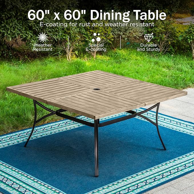 PHI VILLA 9 Pieces Outdoor Dining Set for 8, 60” Brown Wood-Like Square Metal Steel Table with Umbrella Hole & Stackable Wrought Iron Chairs, Large Outside Furniture for Patio, Deck, Yard, Porch