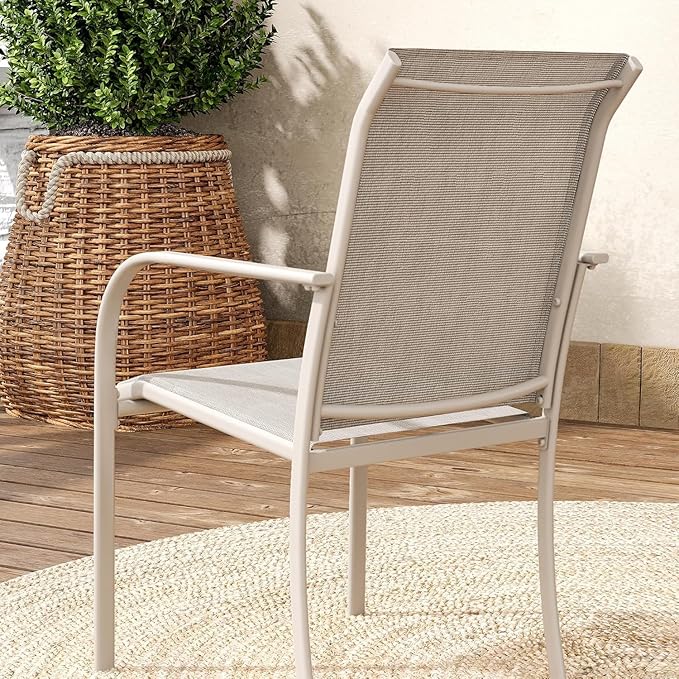 VICLLAX Large Patio Dining Furniture Set, Outdoor Dining Set for 10-60" Round Outdoor Table and Patio Stackable Chairs, Sandshell Color Tabletop and Fabric