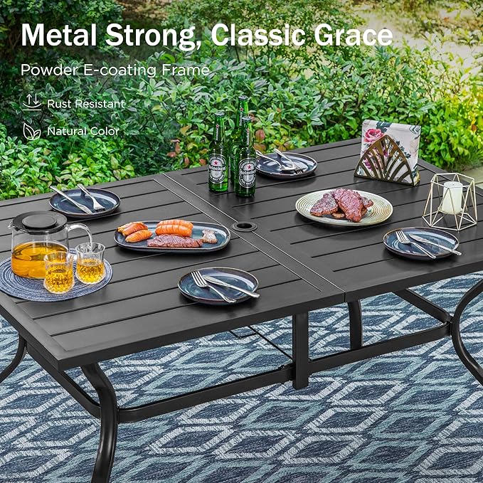 PHI VILLA 7 Pieces Outdoor Dining Set with Umbrella for 6, 60" Rectangular Metal Table & Stacking Wrought Iron Chairs & 13ft Beige Umbrella, Outside Large Furniture for Patio, Deck, Porch, Backyard