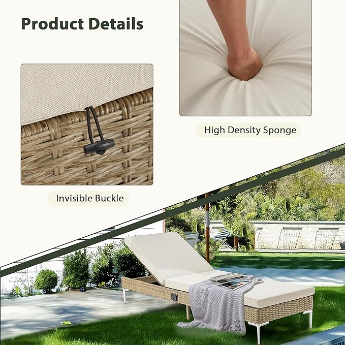 HOMREST Outdoor Chaise Lounge Chair Set of 2, Patio Wicker Lounge Chairs with Adjustable Backrest, Rattan Pool Sunbathing Chaiser with Removable Cushion (Khaki)
