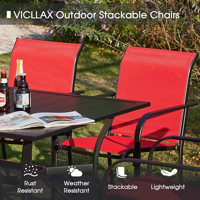 VICLLAX 5-Piece Modern Patio Dining Set - Square Table & 4 Stackable Sling Chairs - Black Table, Red Chairs - Outdoor Furniture for Balcony, Garden, Deck