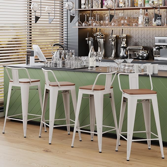 Yongchuang 30 inch Bar Stools Set of 2 Kitchen Bar Height Chairs with Wood Seat Industrial Low Back Metal Barstools Cream White