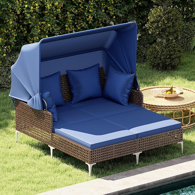 Tangkula Outdoor Rattan Daybed with Retractable Canopy, Boho Patio Wicker Sunbed with Metal Support, Pillows & Cushions, Outdoor Double Chaise Lounge with Shade for Backyard, Poolside, Deck & Balcony