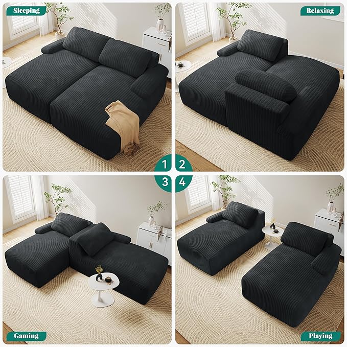 YITAHOME 80" Oversized Double Chaise Lounge, Upholstered Cloud Sofa with Deep Seat & 2 Pillows, Corduroy Loveseat Sleeper Couch with Thick-Density Foam for Living Room, Home Office, No Assembly, Black