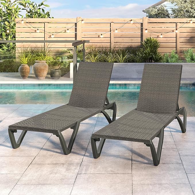 Domi Pool Lounge Chairs Set of 2, Wicker Adjustable Outdoor Chaise Lounge with Wheels, All Weather Poolside Chairs for Deck Lawn Patio Backyard