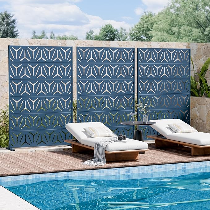 Casaphoria Metal Privacy Screen Outdoor, 72" H x 47" W Freestanding Decorative Privacy Screen for Patio Deck Balcony Garden with Stable Base, Blue-Star
