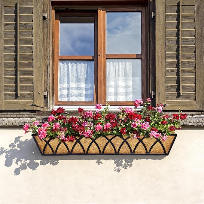 30 Inch Window Deck with Coco Liner Set of 4, 30" Window Boxes Horse Trough with Coconut Coir Liner, Metal Hanging Flower Planter Basket Deck Railing Planter Boxes for Outdoor Indoor Lawn