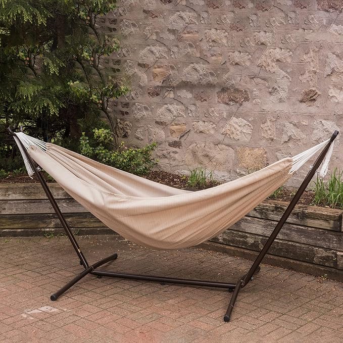 Vivere Double Sunbrella Hammock with Space-Saving Steel Stand, Heavy-Duty Portable Outdoor Hammock Set for Backyard, Patio, or Travel, Sand