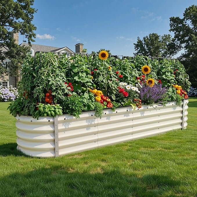 YITAHOME 17" Tall 9 in 1 Large Raised Garden Bed Kit, 8x2x1.4ft Galvanized Metal Planter Box with Gloves & Safety Rubber, Outdoor Above Ground Planters for Plants Vegetables Flowers, Cream Yellow