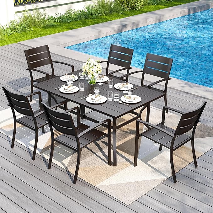 PHI VILLA 7 Pieces Outdoor Patio Dining Set for 6, 60”Rectangular Metal Steel Table with Umbrella Hole & Stackable Wrought Iron Chairs, Outside Furniture Set for Deck, Porch, Backyard