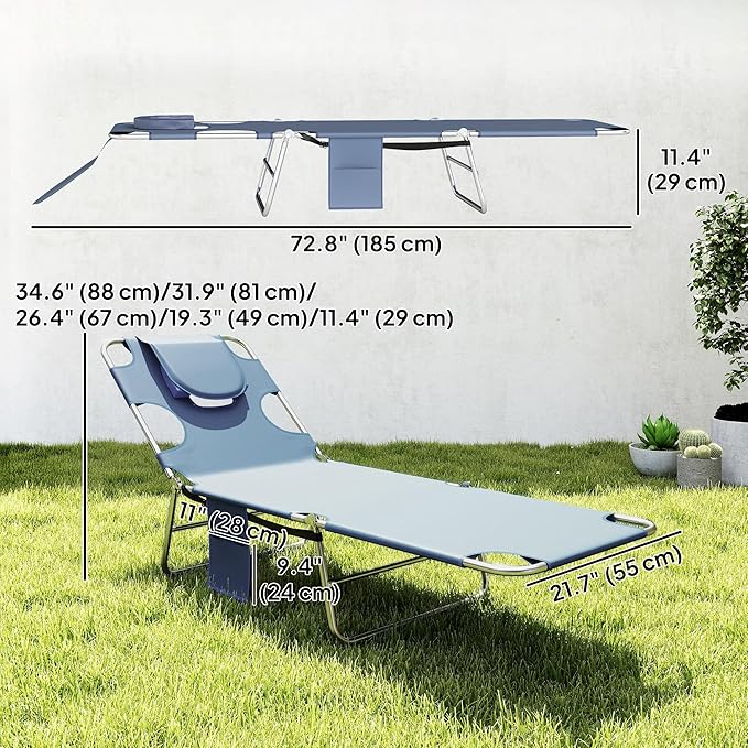 Outsunny Folding Beach Lounge Chair with Face Hole and Arm Slots, 5-Level Adjustable Sun Lounger Tanning Chair with Pillow for Patio, Garden, Beach, Pool, Gray