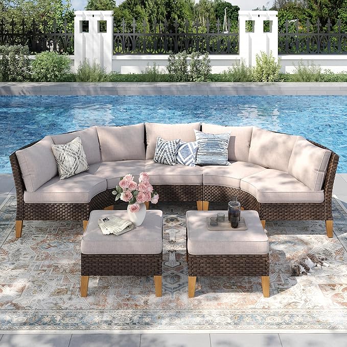PHI VILLA 5-Piece Wicker Patio Furniture Set, Outdoor Sectional Sofa Conversation Set with Beige Cushions, Half-Moon Curved Modular Couch for Garden, Deck, Backyard