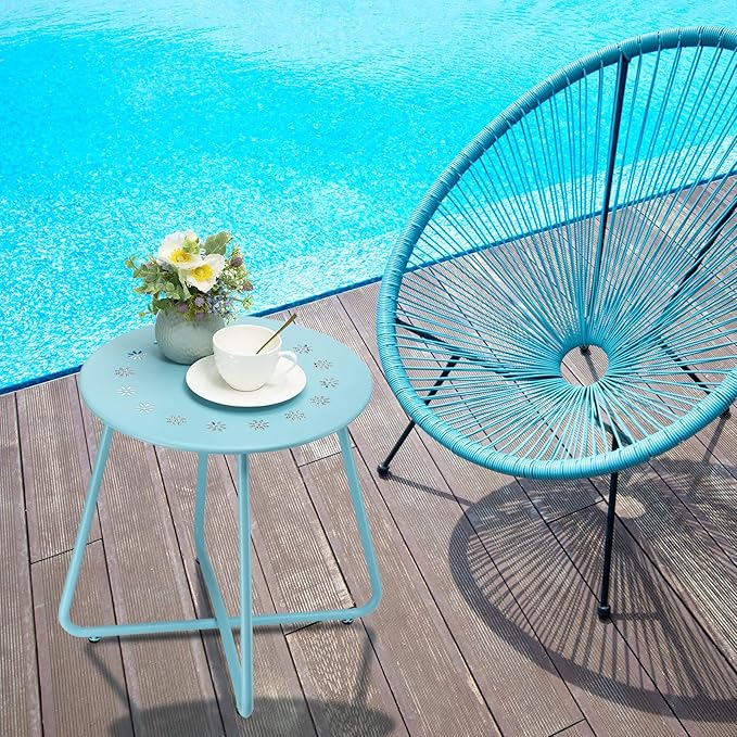 danpinera Outdoor Side Tables with Flower Cut Outs, Weather Resistant Steel Patio Side Table, Small Round Outdoor End Table Metal Side Table for Patio Yard Balcony Garden Blue