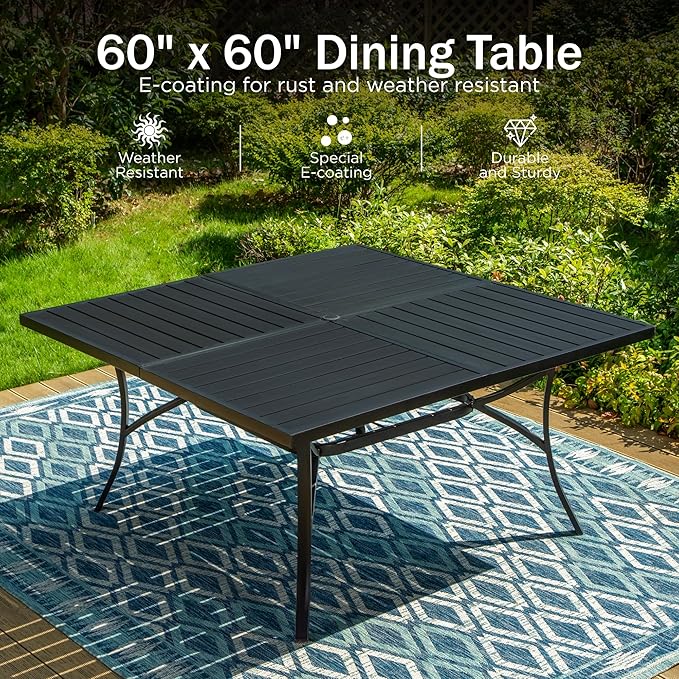 PHI VILLA 9 Pieces Outdoor Dining Set for 8, 60" Square Metal Table with Umbrella Hole & Wrought Iron Swivel Chairs, All Weather Outside Furniture with Blue Cushions & Pillows for Patio, Deck, Porch