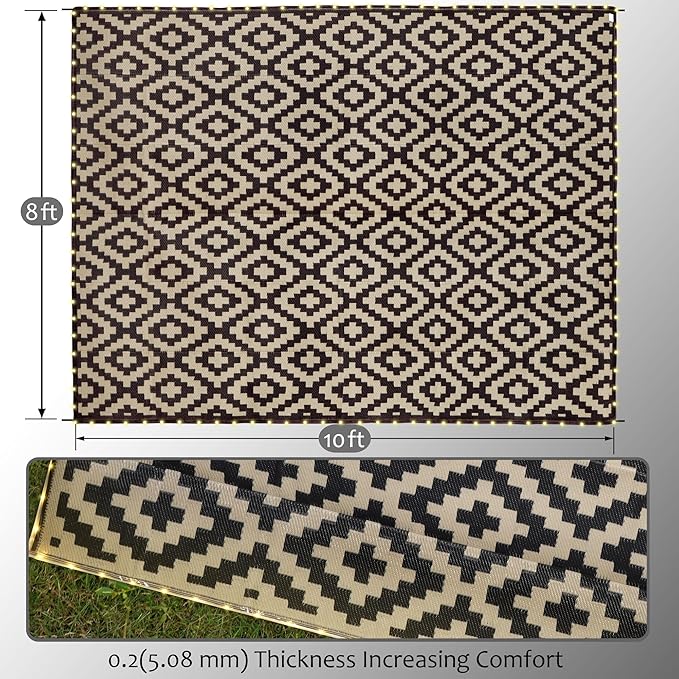 SAND MINE Reversible Mats with Led Strip Lights, Plastic Straw Rug, Modern Area Rug, Large Floor Mat for Outdoors, Patio, Backyard, Deck, Picnic, Camping, Black & Beige, 8' x 10'