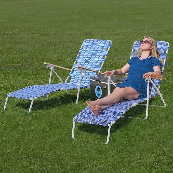 Camp & GO 4-Position Folding Web Lawn Chair Outdoor Lounger, Blue/White undefined/White