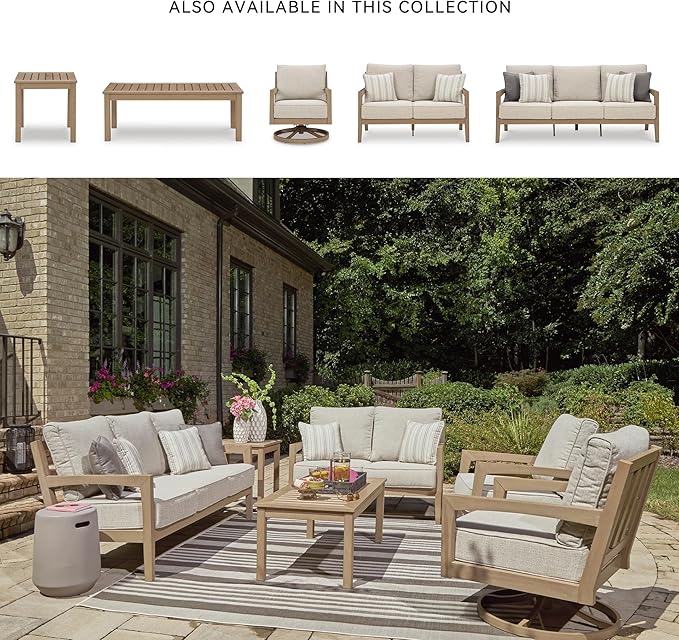 Signature Design by Ashley Hallow Creek Cottage Nuvella Weather Resistant Fabric Outdoor Loveseat with Cushion and 2 Throw Pillows, Light Brown & Beige