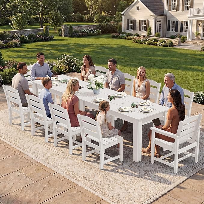 SERWALL Outdoor Dining Sets for 10, HDPE Dining Sets for 10 Person with 2 Tables and 8 Armless Chairs and 2 Armchairs, Patio Dining Sets for Garden, Backyard, Poolside, White