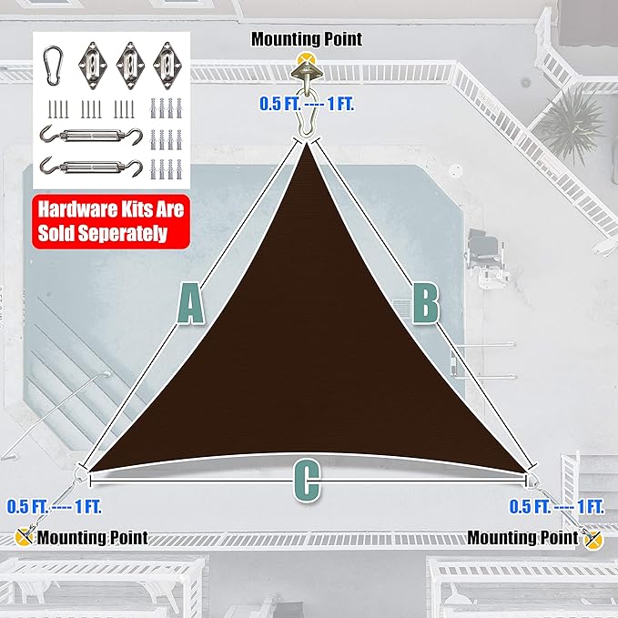 Amgo 22' x 22' x 22' Brown Triangle Sun Shade Sail UPF50+ Canopy Awning AGSLT, 95% UV Blockage, Water & Air Permeable, 200GSM Heavy Duty Commercial and Residential (We Make Custom Sizes)